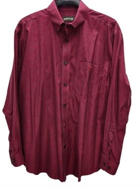 Orvis Button Down Shirt Mens Large Red Black Checkered Long Sleeves Casual
